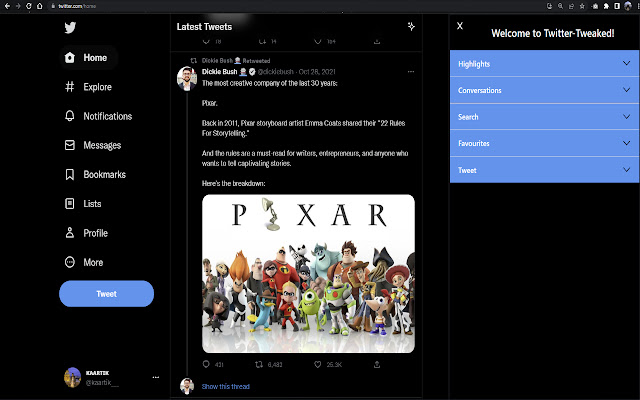 Twitter Tweaked  from Chrome web store to be run with OffiDocs Chromium online