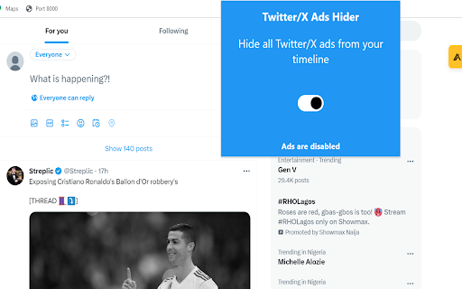 Twitter/X Ads Hider  from Chrome web store to be run with OffiDocs Chromium online