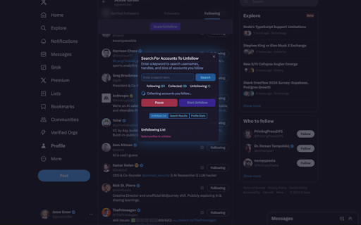 Twitter/X SuperUnfollow  from Chrome web store to be run with OffiDocs Chromium online