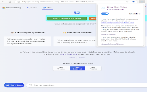 Two Way Voice for Bing AI  from Chrome web store to be run with OffiDocs Chromium online