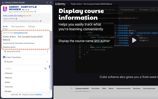 Udemy Subtitle Reader  from Chrome web store to be run with OffiDocs Chromium online