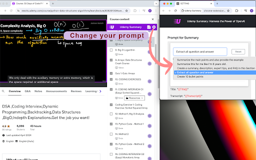 Udemy summary with custom ChatGPT prompts  from Chrome web store to be run with OffiDocs Chromium online