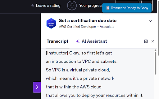 Udemy Transcript Copier  from Chrome web store to be run with OffiDocs Chromium online
