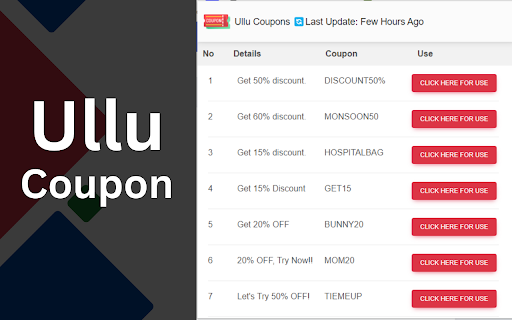 Ullu Coupons, Promo code, Offers  Deals  from Chrome web store to be run with OffiDocs Chromium online