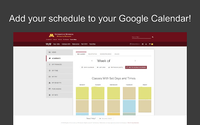 UMN Classes to Calendar  from Chrome web store to be run with OffiDocs Chromium online