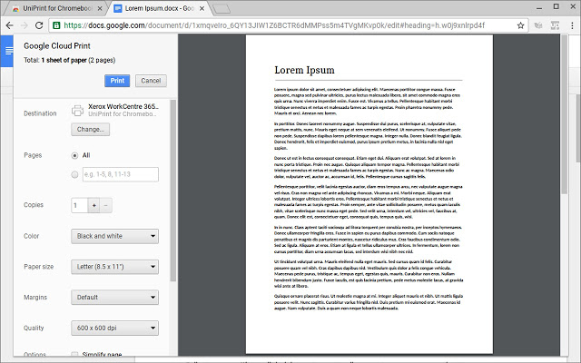 Chrome ウェブストアからの UniPrint for Chromebook (Enterprise) を OffiDocs Chromium オンラインで実行