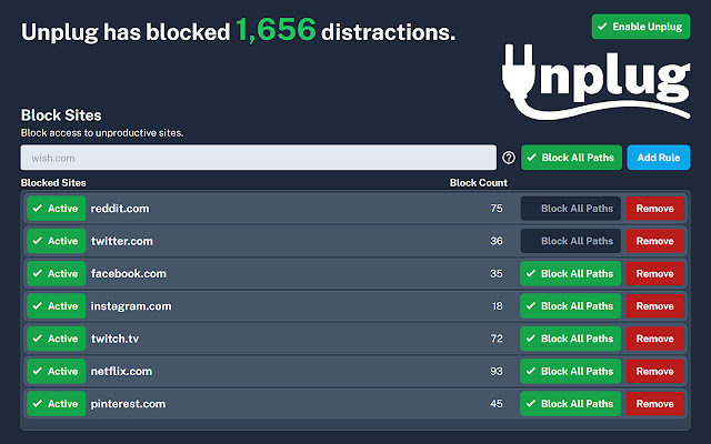 Unplug: Simple Site Blocker  from Chrome web store to be run with OffiDocs Chromium online
