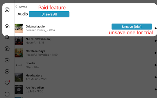 Unsave All Instagram Audios  from Chrome web store to be run with OffiDocs Chromium online
