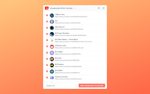 Unsubscribe All for YouTube  from Chrome web store to be run with OffiDocs Chromium online