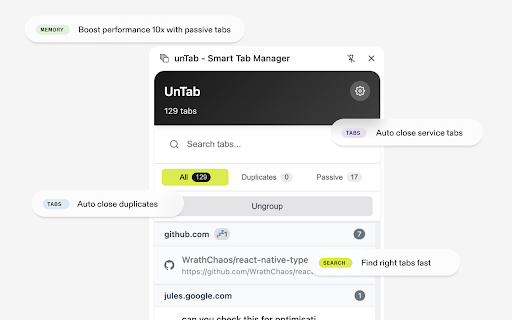 unTab Smart Tab Manager  from Chrome web store to be run with OffiDocs Chromium online