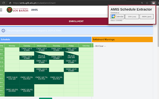 UPLB AMIS Schedule Extractor  from Chrome web store to be run with OffiDocs Chromium online