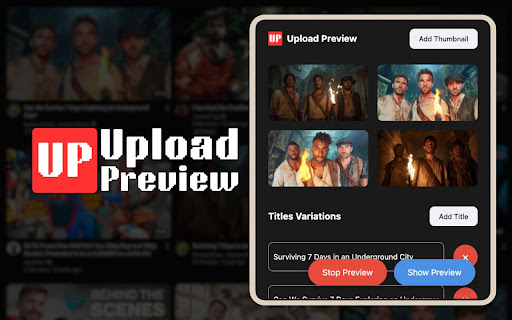 Upload Preview FREE Youtube™ Titles  Thumbnails Preview  from Chrome web store to be run with OffiDocs Chromium online