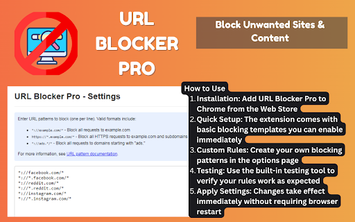 URL Blocker Pro Block Unwanted Sites  Content  from Chrome web store to be run with OffiDocs Chromium online
