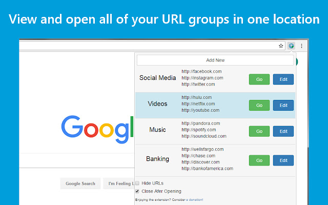 URL Group Manager  from Chrome web store to be run with OffiDocs Chromium online