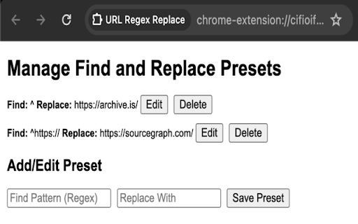 URL Regex Replace  from Chrome web store to be run with OffiDocs Chromium online