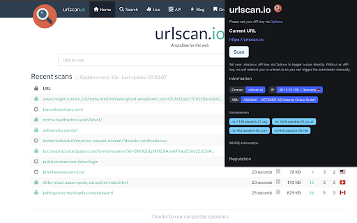 urlscan.io  from Chrome web store to be run with OffiDocs Chromium online