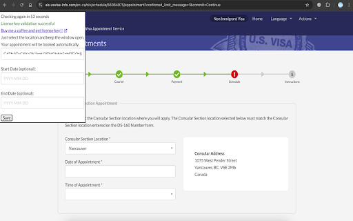 USA Visa Appointment Rescheduler  from Chrome web store to be run with OffiDocs Chromium online