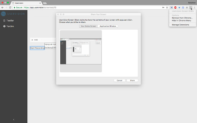 Uservision Screen Testing Helper  from Chrome web store to be run with OffiDocs Chromium online