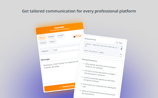 Vaksiddhi: AI Writing Assistant for Personalized Professional Communication  from Chrome web store to be run with OffiDocs Chromium online