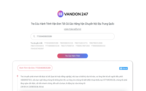 Vandon247.Com Tra cứu hành trình kiện hàng trong nội địa Trung Quốc  from Chrome web store to be run with OffiDocs Chromium online
