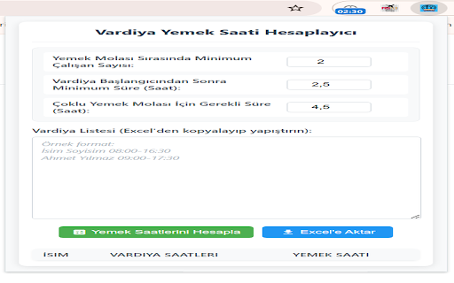 Vardiya Yemek Saati Hesaplayıcı  from Chrome web store to be run with OffiDocs Chromium online