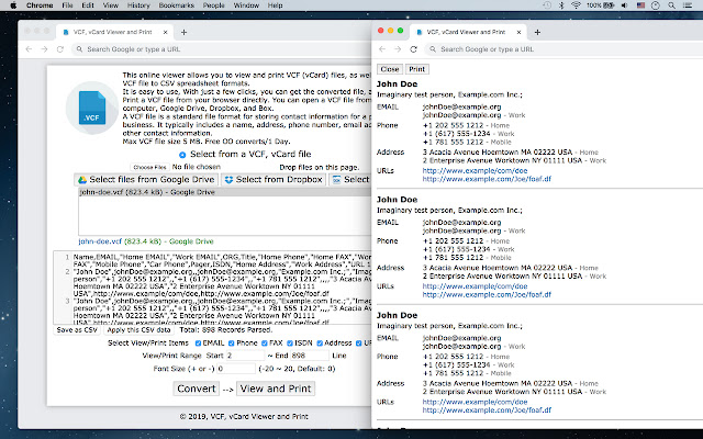 VCF, vCard Viewer and Print  from Chrome web store to be run with OffiDocs Chromium online