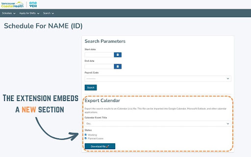 VCH MySchedule Exporter  from Chrome web store to be run with OffiDocs Chromium online