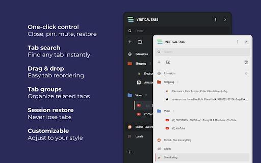 Vertical Tabs Tab Manager  from Chrome web store to be run with OffiDocs Chromium online