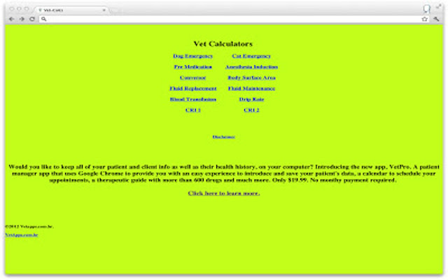 Vet Calculators  from Chrome web store to be run with OffiDocs Chromium online