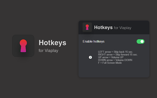 Viaplay Hotkeys: keyboard shortcuts  from Chrome web store to be run with OffiDocs Chromium online