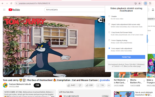 Video playback stretch scaling modification  from Chrome web store to be run with OffiDocs Chromium online