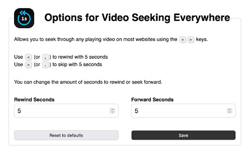 Video Seeking Everywhere  from Chrome web store to be run with OffiDocs Chromium online