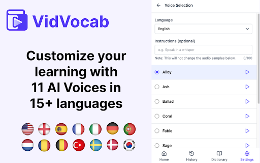 VidVocab Turn YouTube Videos Into Interactive Language Lessons  from Chrome web store to be run with OffiDocs Chromium online