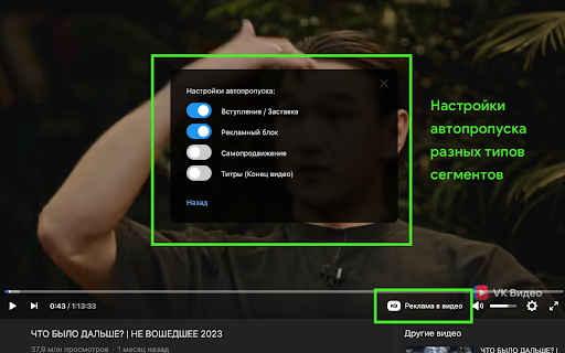 VKADSKIP пропуск рекламы внутри видео  from Chrome web store to be run with OffiDocs Chromium online
