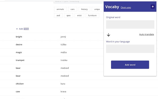 Vocaby  from Chrome web store to be run with OffiDocs Chromium online