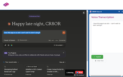 Voice AI Transcribe | Siri For Web Browser | CR8OR AI  from Chrome web store to be run with OffiDocs Chromium online
