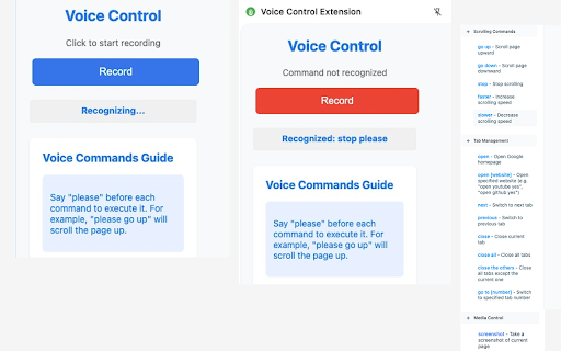 Voice Control Extension  from Chrome web store to be run with OffiDocs Chromium online