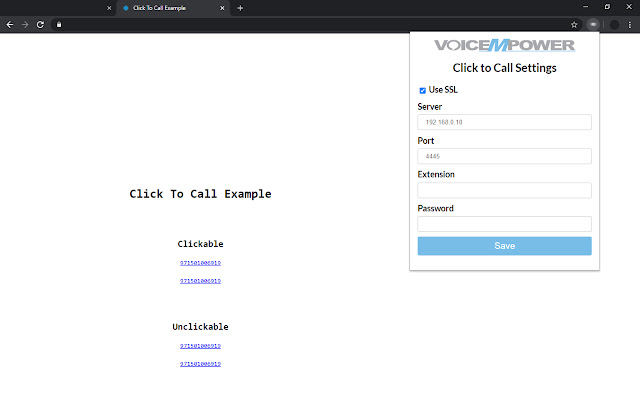 Estensione Click to Call VoiceMpower dal negozio web di Chrome da eseguire con OffiDocs Chromium online