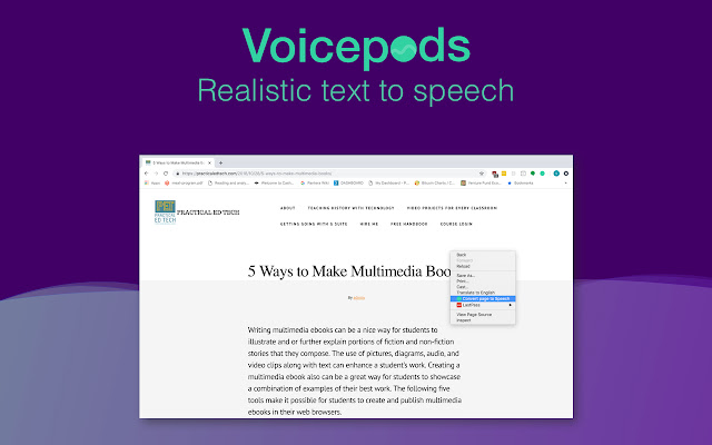 Voicepods Realistic Text to Speech de la boutique en ligne Chrome à exécuter avec OffiDocs Chromium en ligne