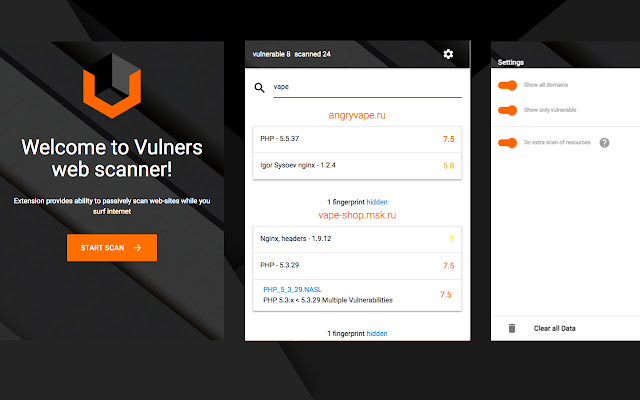 Vulners Web Scanner  from Chrome web store to be run with OffiDocs Chromium online