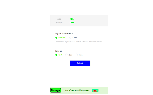 WA Contacts Extractor  from Chrome web store to be run with OffiDocs Chromium online