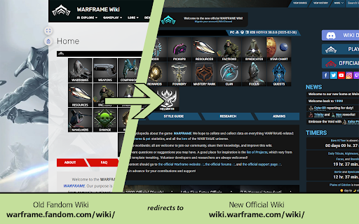 Warframe Wiki Redirect  from Chrome web store to be run with OffiDocs Chromium online