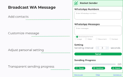 WARocket Sender Free Extension  from Chrome web store to be run with OffiDocs Chromium online