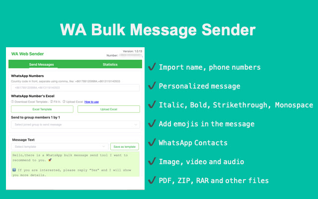 WA Sender Free Bulk Messaging  from Chrome web store to be run with OffiDocs Chromium online