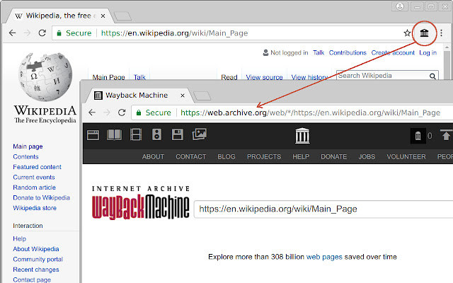 Wayback Machine Lookup  from Chrome web store to be run with OffiDocs Chromium online