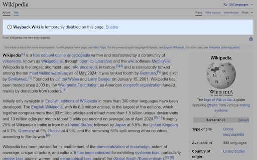 Wayback Wiki  from Chrome web store to be run with OffiDocs Chromium online