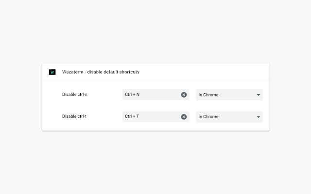 Wazaterm disable default shortcuts  from Chrome web store to be run with OffiDocs Chromium online