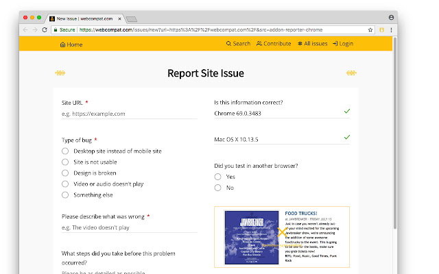 webcompat.com reporter  from Chrome web store to be run with OffiDocs Chromium online