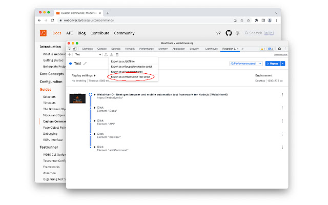WebdriverIO Chrome Recorder  from Chrome web store to be run with OffiDocs Chromium online