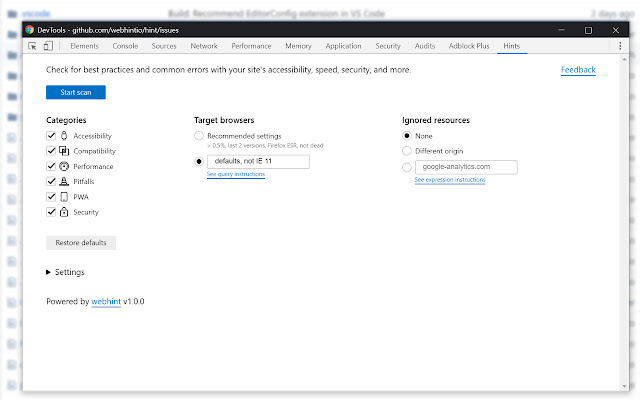 webhint  from Chrome web store to be run with OffiDocs Chromium online